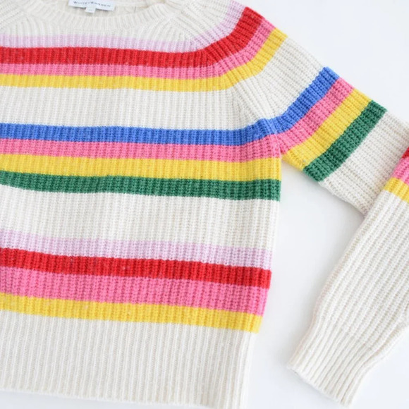 White + Warren Cream Pink Stripe Ribbed 25% Merino Wool Knit Cropped Sweater XS - Picture 6 of 11